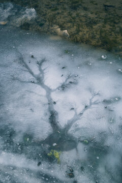 Close-up of ice formation in a frozen lake in the Pyrenees, Panticosa,