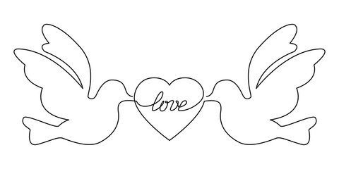 Pigeons and heart with the lettering love, continuous line. Vector illustration, isolated on a white background.