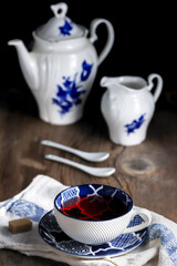 Vintage Porcelain, teapot, tea cup, milk cup plate, spoons, blue china.