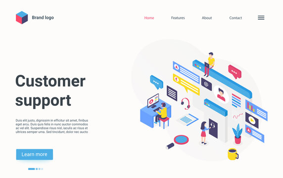 Customer support hotline center concept isometric vector illustration. Cartoon 3d online helpdesk service with agent operator people wearing headsets consulting clients, modern technology landing page