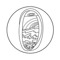 Isolated vector black and white illustration of passenger airplane window with view of sea and sunset