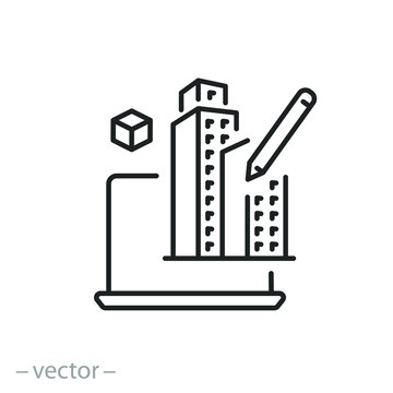 building information modeling icon, development architecture process, construction management technology, thin line symbol on white background - editable stroke vector illustration eps10