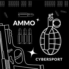 Ammunition set of gun, grenade and ammo, vector poster for your shooter cybersport design - 409092333