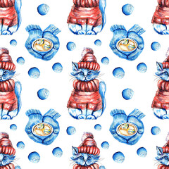 Pattern with a Cat in a Hat and Mittens.