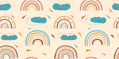 Vector illustration. Seamless background. Colorful rainbow pattern. Design elements for banner, web page, print. Baby cute design graphic. Minimal hand drawn style. Simple doodle shapes. Abstract art.