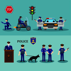 Police vector illustration set. Cartoon flat policeman and criminal characters on arrest emergency, police officer people in uniform or bulletproof vest with handcuffs, cop profession isolated on whit