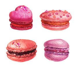 Valentine's macaroons clipart.Watercolor pink raspberry macarons.Set of French macarons.Vector watercolor bakery clipart.Watercolor sweet desserts.