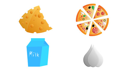Set Of Different Food - Bread, Pie, Biscuit, Cakes, Eaggs, Omelette, Cheese, Milk, Pizza, Coffee,