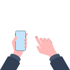 Illustration of hand holding smartphone isolated on white background. Vector in flat style.
