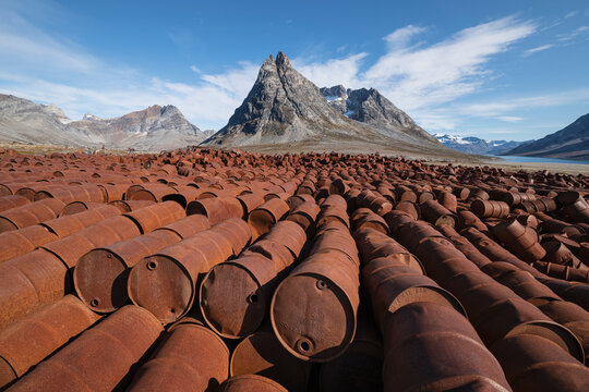 Piles of rusting fuel drums of abandoned US WW2 base Bluie East Two, Ikateq, Greenland
