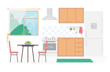 Cartoon Color Cozy Kitchen Interior Inside Concept. Vector