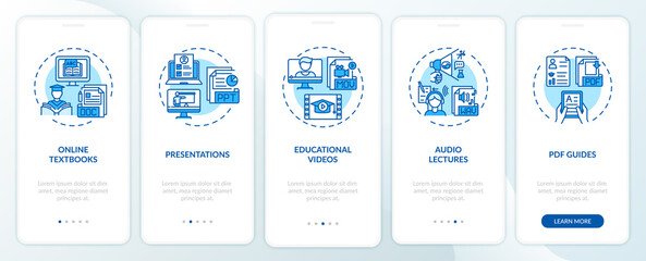 Online teaching digital resources onboarding mobile app page screen with concepts. Presentations walkthrough 5 steps graphic instructions. UI vector template with RGB color illustrations