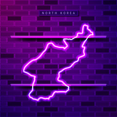 North Korea map glowing neon lamp sign. Realistic vector illustration. Country name plate. Purple brick wall, violet glow, metal holders.