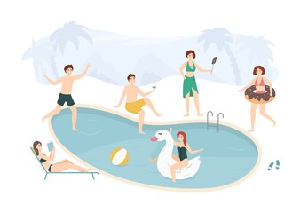 Cartoon Color Characters People and Pool Party Concept. Vector