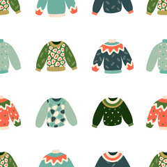 Hand drawn vector illustration of warm winter and autumn woolen sweaters in Scandinavian style, executed as vector seamless pattern. Trendy flat design elements for winter clothes.