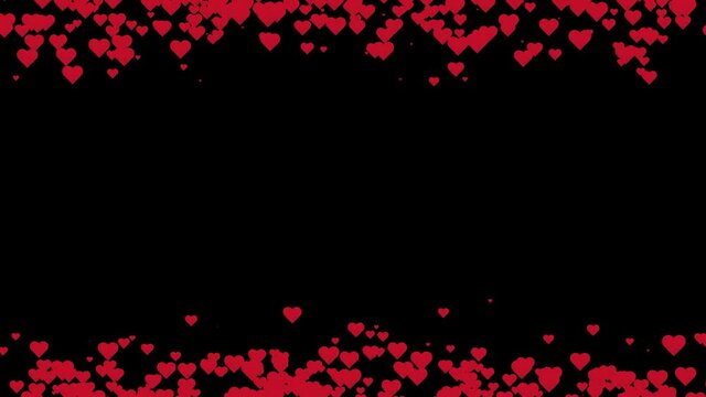 Flying hearts on the black background - emitting from the upper and downside. Loop animation, motion graphic, useful for graphics composing elements