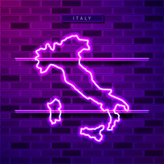 Italy map glowing neon lamp sign. Realistic vector illustration. Country name plate. Purple brick wall, violet glow, metal holders.