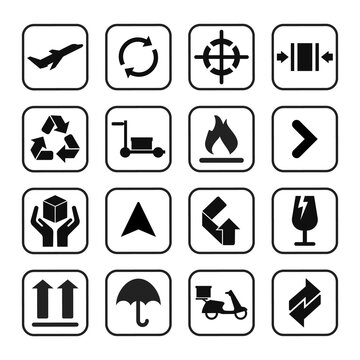 Packaging icons symbol in flat style. Black signs on the package. Vector illustration
