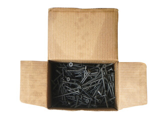 Wood screws box isolated on white background. Top view.