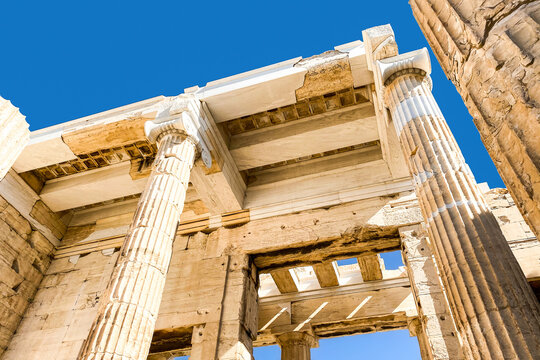 Detailed view of the сolonnade of The Acropolis of Athens, Greece