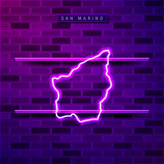 San Marino map glowing neon lamp sign. Realistic vector illustration. Country name plate. Purple brick wall, violet glow, metal holders.