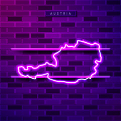 Austria map glowing neon lamp sign. Realistic vector illustration. Country name plate. Purple brick wall, violet glow, metal holders.