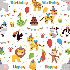 Vector seamless pattern with jungle animals, gifts, balloons and flags. Happy birthday illustration. Ideal for printing on paper, textile and scrapbooking.