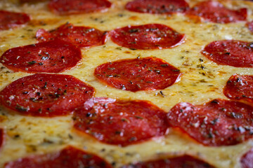 Closeup of pepperoni pizza with mozzarella cheese