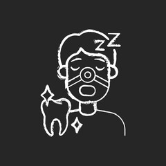 Sleeping dentistry chalk white icon on black background. Stomatology sedation practice. Dental procedures. Instruments for dental treatment. Isolated vector chalkboard illustration