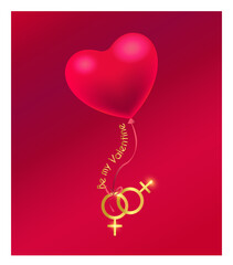 Happy Valentine's Day, wedding design. Realistic 3d festive decorative objects, heart shaped balloons and female and male symbols, glitter gold confetti. Holiday banner and poster, flyer