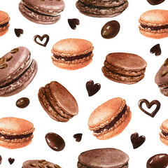 Valentine's macaroons seamless pattern.Watercolor chocolate macarons background.Watercolor bakery clipart.Watercolor sweet desserts.