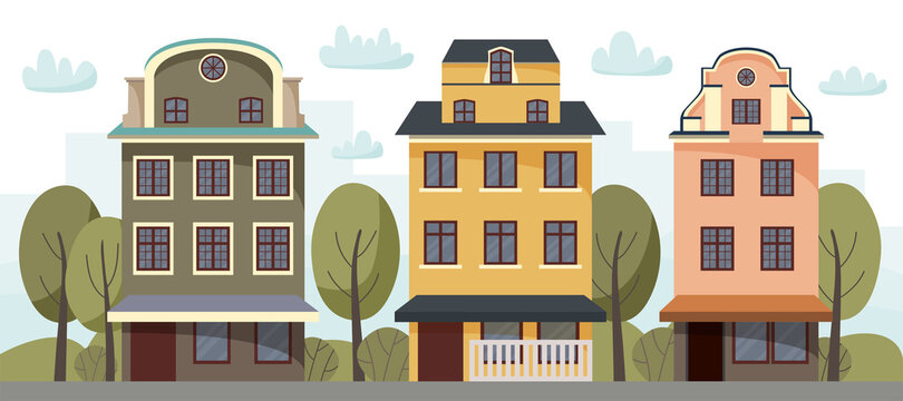 Vector collection with houses. Street with colorful houses, trees and clouds in cartoon style.