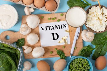 vitamin D. A set of foods with vitamin D on a blue background