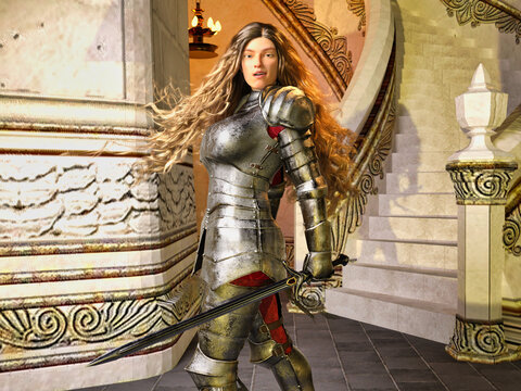 3D Photo of a  Young Female Knight With Armour and Sword
