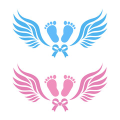 emblem footprints of a newborn baby boy and girl with wings on a white background