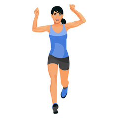 Figure of a running asian woman in summer sportswear with her hands raised in victory at the finish line