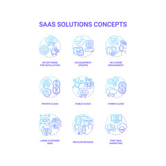 SaaS solutions concept icons set. Software as service idea thin line RGB color illustrations. Public, private cloud. No software for setup. Large customer base. Vector isolated outline drawings