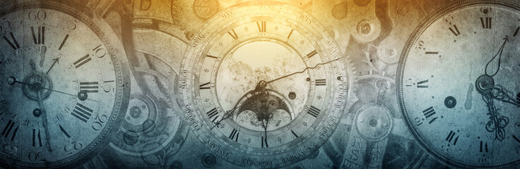 The dials of the old antique classic clocks on a vintage wide paper background. Concept of time, history, science, memory, information. Retro style. Vintage clockwork background.