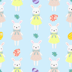 Seamless vector pattern with Easter concept.  Colorful illustration isolated on blue background. For print, t-shirt, design, wallpaper, decor, textile