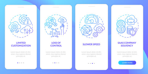 SaaS problems onboarding mobile app page screen with concepts. Limited customization, control loss walkthrough 4 steps graphic instructions. UI vector template with RGB color illustrations