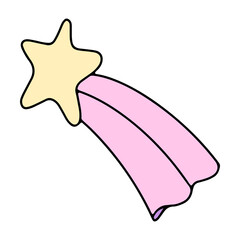 Isolated element comet, shooting star, asteroid. Doodle. A space flight. Cosmonautics Day. Pink, yellow colors. Hand-drawn. Vector illustration. It can be used to design textiles, clothing, notebooks.