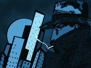 A man in a hat and a coat smokes in the background of the city. Black and blue Pop-art illustration