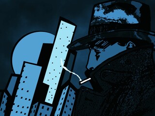 Black and blue Pop-art illustration. A man in a hat and a coat smokes in the background of the city