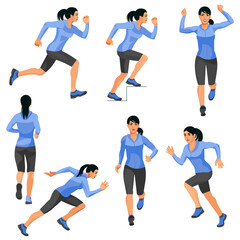 Fototapeta na wymiar Set of seven vector isolated figures of an asian runningg girl in warm sports clothes