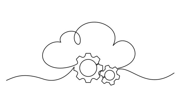 Cloud technology sign. Clods with gears. Continuous one line drawing.
