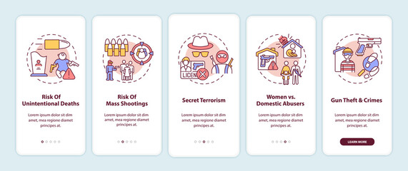Risk of shooting onboarding mobile app page screen with concepts. Gun control and regulation walkthrough 5 steps graphic instructions. UI vector template with RGB color illustrations