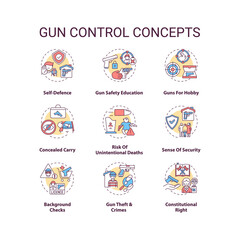 Gun control concept icons set. Self defense. Safety education. Concealed carry. Firearm regulation idea thin line RGB color illustrations. Vector isolated outline drawings. Editable stroke