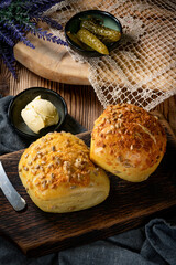 Tasty buns with cheese and sunflower seeds.
