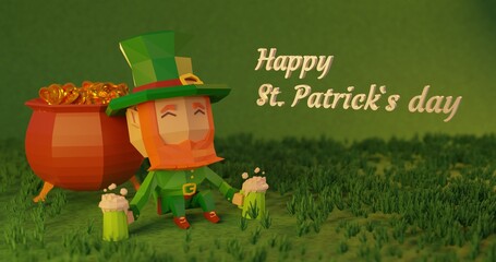 St. patrick's day 3d rendered illustration, low poly cartoon character resting next to a cauldron full of coins with beer in his hands 