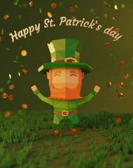 St. patrick's day 3d rendered illustration, low poly cartoon character having fun dancing  , Falling coins with Cloverleaf sign